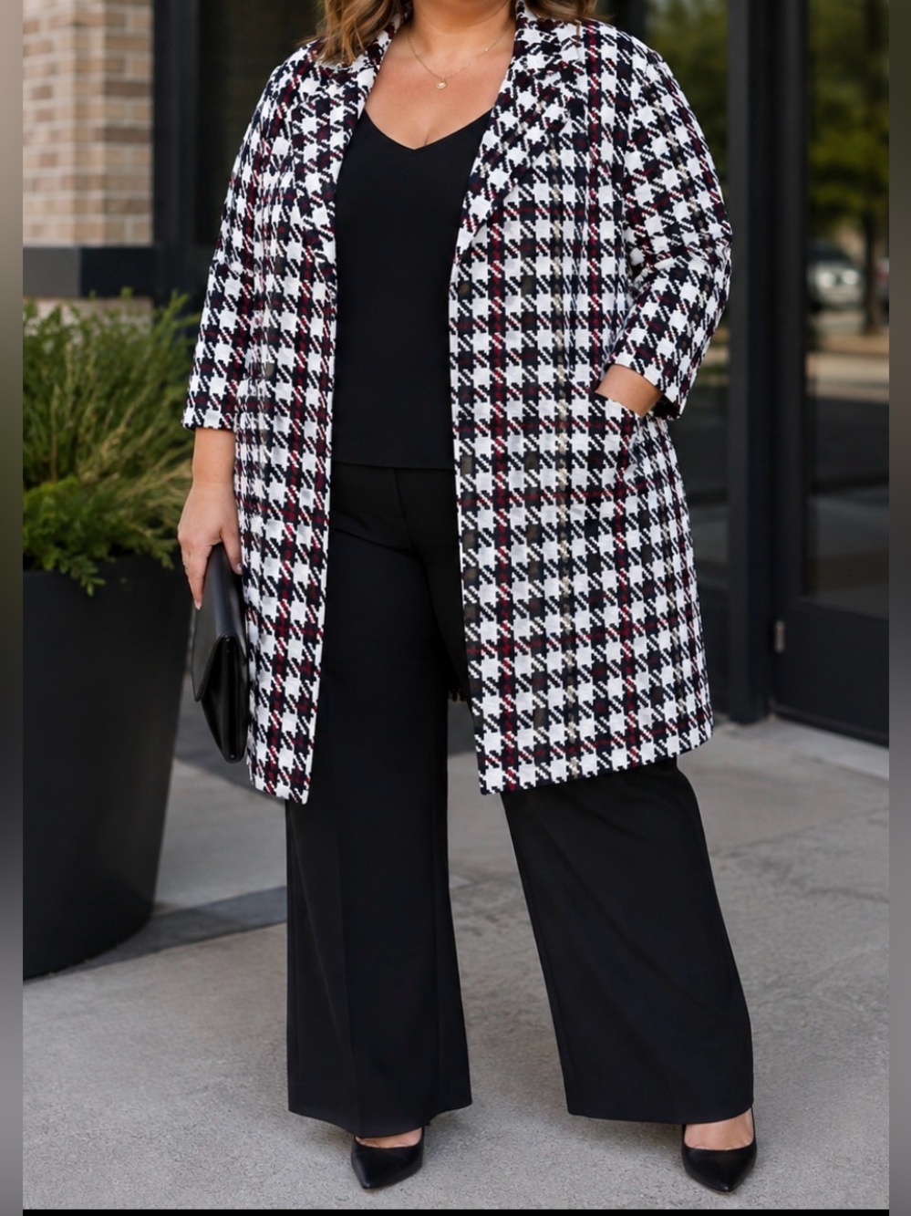 MELLODAY Black & White Houndstooth Blazer with Red Stripe